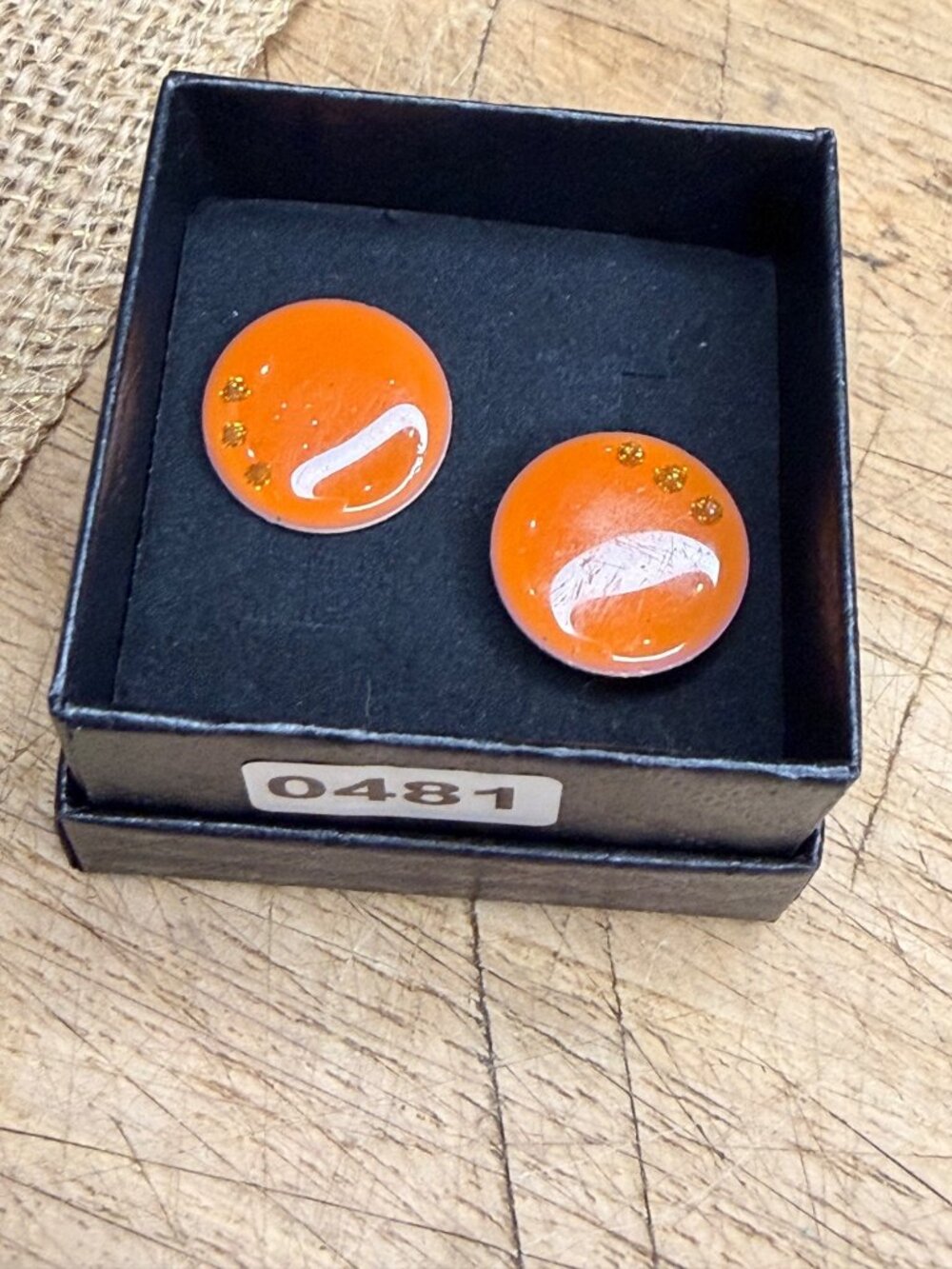 Orange Resin Stud Earrings With Gold Accents - Handmade Jewelry Gift